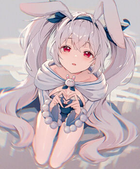 1girl animal_ear_hairband animal_ears azur_lane blue_hairband blue_leotard blush bow breasts brooch chinese_commentary collarbone crossed_bangs detached_collar fake_animal_ears from_above hair_between_eyes hair_ornament hairband heart heart_hands highleg highleg_leotard jewelry kneeling laffey_(azur_lane) laffey_ii_(azur_lane) laffey_ii_(sleepy_on_a_busy_day)_(azur_lane) leotard long_hair looking_at_viewer looking_up manatsuki_manata official_alternate_costume open_mouth pantyhose playboy_bunny rabbit_brooch rabbit_ears red_eyes small_breasts solo strapless strapless_leotard very_long_hair white_hair white_pantyhose wrist_cuffs rating:Sensitive score:25 user:danbooru