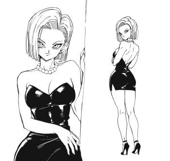  1girl android_18 breasts collarbone dragon_ball dragonball_z dress ghouse_01 high_heels highres large_breasts looking_back monochrome short_hair smile solo 