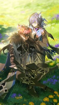  2boys animal_ears black_boots black_gloves boots cape capitano_(genshin_impact) fingerless_gloves flower genshin_impact gloves grass head_wreath highres kneeling long_hair looking_at_another multiple_boys on_grass ororon_(genshin_impact) pink_flower purple_flower sang_sha sitting tattoo yellow_flower 
