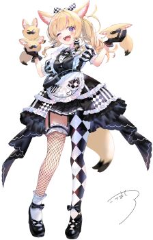  1girl ;d absurdres animal_ear_fluff animal_ears apron apron_pocket argyle_clothes argyle_pantyhose asymmetrical_footwear asymmetrical_legwear black_bow black_bowtie black_dress black_garter_straps black_gloves black_shoes black_skirt black_streaks blonde_hair blush bow bowtie breasts buttons checkered_bow checkered_clothes creature dress fishnet_thighhighs fishnets fox_ears fox_girl fox_tail frilled_apron frilled_overskirt frilled_sleeves frilled_thighhighs frills full_body garter_straps gloves hair_bow heart heart-shaped_pupils heart_button highres holding holding_creature hololive kou_mashiro layered_dress layered_skirt long_hair looking_ahead mary_janes mismatched_footwear mismatched_legwear multicolored_hair name_tag official_alternate_costume official_alternate_hairstyle official_artist_extra omaru_polka omaru_polka_(waitress) one_eye_closed open_mouth pink_streaks pleated_skirt puffy_short_sleeves puffy_sleeves purple_eyes shirt shirt_tucked_in shoes short_sleeves side_ponytail sidelocks signature simple_background single_fishnet_legwear single_leg_pantyhose skirt skirt_under_dress smile socks socks_over_thighhighs solo streaked_hair symbol-shaped_pupils tail thighhighs vertical-striped_sleeves virtual_youtuber w_arms waist_apron waitress white_apron white_background white_shirt white_socks wide_ponytail zain_(omaru_polka) 