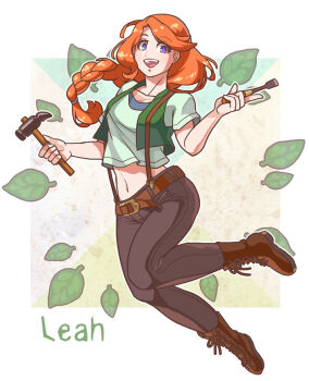  1girl :d belt belt_buckle black_pants boots braid brown_belt brown_boots buckle character_name collarbone commentary_request crop_top full_body green_shirt green_vest hammer holding holding_chisel holding_hammer lace-up_boots leaf leah_(stardew_valley) long_hair looking_at_viewer low-braided_long_hair low-tied_long_hair navel open_clothes open_mouth open_vest orange_hair pants purple_eyes shirt short_sleeves smile solo stardew_valley suspenders swept_bangs tanagawa_makoto vest 