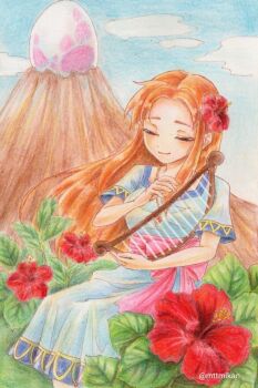  1girl closed_eyes colored_pencil_(medium) commentary_request dress flower hair_flower hair_ornament hibiscus holding holding_harp holding_instrument holding_lyre instrument jewelry long_hair lyre marin_(zelda) mountain mttmikan necklace nintendo orange_hair pink_sash red_flower sash sky smile the_legend_of_zelda the_legend_of_zelda:_link's_awakening traditional_media windfish's_egg 