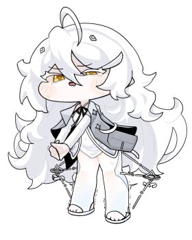  1girl absurdres ahoge chibi chibi_only commentary_request covered_navel dress ed_(trickcal) feet fewer_digits fluffy_hair full_body grey_jacket hair_between_eyes highres hyeun_e jacket korean_commentary leg_brace long_hair pantyhose simple_background solo standing stirrup_legwear stretching sweat tearing_up thick_eyelashes toeless_legwear toes trickcal very_long_hair white_background white_dress white_hair white_pantyhose yellow_eyes 
