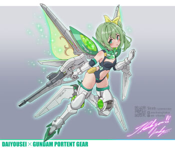  1girl an-chang black_leotard bow breasts cleavage_cutout clothing_cutout commentary_request commission cosplay daiyousei dated english_text full_body green_bow green_eyes green_hair gun gundam gundam_build_fighters gundam_build_fighters_try gundam_portent gundam_portent_(cosplay) hair_bow holding holding_gun holding_weapon leotard long_hair looking_at_viewer mecha_musume mechanical_legs mechanical_wings navel qr_code science_fiction signature skeb_commission small_breasts solo stomach_cutout touhou twitter_username weapon wings yellow_bow 