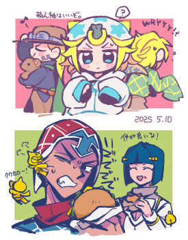  5boys black_eyes black_hair blonde_hair blue_eyes bruno_bucciarati burger cheek_pull cleavage_cutout clenched_teeth closed_eyes clothing_cutout commentary dark-skinned_male dark_skin dated diego_brando dinosaur_tail eating food food_on_face guido_mista gyro_zeppeli hair_through_headwear hashtag-only_commentary hat highres holding holding_burger holding_food hood hood_down hoodie jitome johnny_joestar jojo_no_kimyou_na_bouken long_hair long_sleeves male_focus multiple_boys one_eye_closed open_mouth pectoral_cleavage pectorals rizometa28 sex_pistols_(stand) short_hair sleeves_past_fingers sleeves_past_wrists smile stand_(jojo) steel_ball_run stuffed_animal stuffed_toy sweat sweater tail teddy_bear teeth translation_request v-shaped_eyebrows vento_aureo wryyyyyyyyyyyyyyyyyyyy 