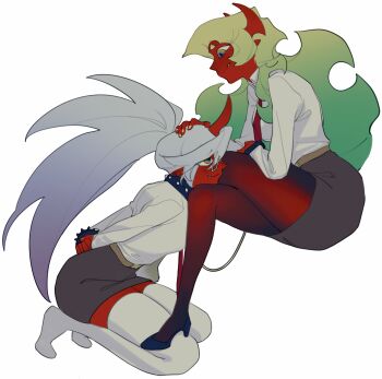  2girls blue_hair breasts colored_skin commentary_request demon_girl demon_horns green_hair guru.zong highres horns kneesocks_(psg) large_breasts long_hair medium_breasts multiple_girls panty_&amp;_stocking_with_garterbelt pantyhose red_skin scanty_(psg) 