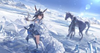  1girl 1other absurdres amiya_(arknights) animal_ears arknights armor black_boots black_jacket black_mask black_shoes black_skirt blue_eyes boots brown_hair brown_pants cloak coat commentary_request doctor_(arknights) greaves highres holding holding_reins holding_sword holding_weapon hood hood_up horse jacket long_hair looking_at_another looking_to_the_side meinoss open_clothes open_jacket outdoors pants rabbit_ears rabbit_girl reins shirt shoes single_greave skirt snow sword weapon white_boots white_cloak white_coat white_shirt 