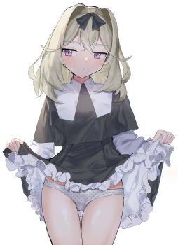  1girl :o absurdres averting_eyes black_bow black_capelet black_skirt blonde_hair blush bow capelet clothes_lift collar cowboy_shot crossed_bangs double-parted_bangs guimpe hair_bow hair_ears hair_intakes highres lifting_own_clothes loli long_sleeves medium_hair meitantei_precure! moria_luluka panties parted_lips petticoat pink_eyes polka_dot polka_dot_panties precure shirt shirt_overhang simple_background skirt skirt_lift solo standing straight_hair tesa_otaku underwear white_background white_collar white_panties white_shirt 