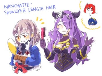  1boy 1girl alternate_hairstyle between_breasts breasts brush camilla_(fire_emblem) chibi cleavage closed_eyes fire_emblem fire_emblem_fates grey_hair hachimaru_(ediciusa) hand_mirror hands_up long_hair lucina_(fire_emblem) marth_(fire_emblem_awakening) mask mirror nintendo orange_hair purple_hair selena_(fire_emblem_fates) short_hair simple_background speech_bubble strap_between_breasts takumi_(fire_emblem) thought_bubble tiara wavy_hair 