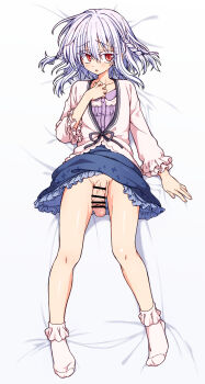  1boy ankle_socks arm_at_side asuka_minato bar_censor bare_legs bed_sheet black_ribbon blue_skirt bobby_socks braid buttons censored clothes_lift colored_eyelashes commentary_request commission crossdressing crossdressing_(mtf) dakimakura_(medium) facing_viewer frilled_skirt frilled_sleeves frilled_socks frills full_body furrowed_brow hair_between_eyes half-erect hand_on_own_chest highres jacket legs light_blush long_sleeves looking_to_the_side lying male_focus medium_hair miniskirt no_panties no_shoes on_back on_bed otome_domain parted_lips penis pink_jacket purple_shirt red_eyes ribbon shiny_skin shirt side_braids skeb_commission skirt skirt_lift socks solo straight-on testicles toe_seam trap unazuki_(sima_hitsuji) veins veiny_penis white_eyelashes white_hair white_socks 