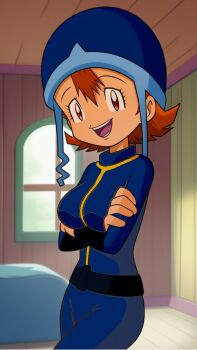  arms_under_breasts blue_bodysuit blue_hat bodysuit cowboy_shot crossed_arms crossover digimon digimon_adventure fallout fallout_3 happy hat helmet highres jumpsuit long_sleeves looking_at_viewer non-web_source open_mouth orange_eyes orange_hair short_hair smile takenouchi_sora vault_girl vault_suit  rating:General score:6 user:danbooru