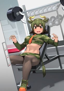  1girl animal_ears aurochs_(kemono_friends) awkward barbell bench bench_press blonde_hair blush breast_pocket breasts brown_eyes brown_hair brown_pantyhose camouflage camouflage_shirt camouflage_skirt cow_ears cow_girl cow_horns cow_tail crop_top dark-skinned_female dark_skin embarrassed empty_eyes gradient_hair green_hair green_shoes hair_horns horns kemono_friends kemono_friends_3 large_breasts lips long_sleeves looking_at_viewer miniskirt mitsuba_minoru multicolored_hair navel necktie official_art open_mouth orange_necktie orange_shoes pantyhose pocket raised_eyebrows red_light shirt shoes short_hair short_sleeves skirt solo tail teeth toned toned_female 