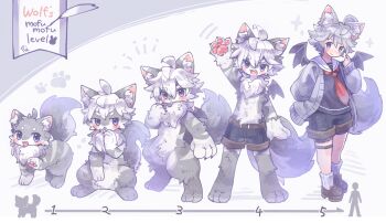  1boy :< ahoge animal_ear_fluff animal_ears arrow_(symbol) blush body_fur brown_shoes chest_tuft claws closed_mouth commentary_request commission dot_nose full_body furry furry_scale grey_background grey_fur grey_tail gurumin_(gurruguru) hair_between_eyes looking_at_viewer mini_wings navel open_mouth original paw_print pawpads purple_eyes sailor_collar shoes shorts skeb_commission socks standing tail thick_eyebrows thick_thighs thighs tongue tongue_out variations white_background white_fur white_hair white_socks wings 