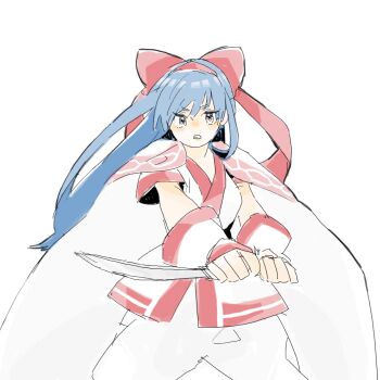 1girl ainu_clothes blue_hair breasts clenched_hands cloak fighting_stance fingerless_gloves gloves grey_eyes hair_ribbon half-closed_eyes highres large_breasts legs long_hair looking_at_viewer nakoruru oekaki pants ribbon samurai_spirits serious snk solo the_king_of_fighters thighs weapon