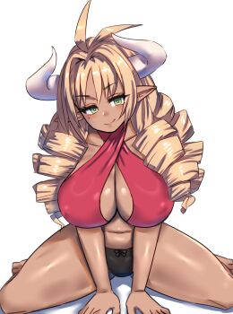  1girl absurdres antenna_hair belly bikini black_bikini blonde_hair breasts cleavage commentary_request commission criss-cross_halter dark-skinned_female dark_skin draph drill_hair full_body granblue_fantasy green_eyes hair_intakes half-closed_eyes halterneck highres horns huge_breasts long_hair looking_at_viewer low_drills navel original pixiv_commission pointy_ears quanero red_bikini simple_background sitting smile solo swimsuit tan wariza white_background white_horns 