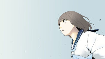  1girl ahoge blue_background blue_necktie blue_sailor_collar brown_hair commentary_request expressionless from_side grey_eyes necktie open_mouth original raised_eyebrows sailor_collar school_uniform serafuku simple_background solo tamaru_tokihiko upper_body white_serafuku 