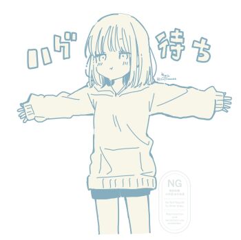  1girl :t blush closed_mouth commentary_request greyscale highres hood hood_down hoodie long_sleeves monochrome original outstretched_arms pout puffy_long_sleeves puffy_sleeves short_shorts shorts signature simple_background sleeves_past_wrists sofra solo spread_arms standing translation_request twitter_username watermark white_background 