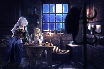  1boy 1girl apple bitten_apple black_boots blonde_hair blue_skirt book book_stack boots bottle breasts candle candlelight candlestand chair choker closed_mouth commentary_request corset food food_bite fruit full_moon green_eyes grey_pants hair_between_eyes hakuchuumu_no_aojashin hand_on_own_cheek hand_on_own_face hand_up high_ponytail highres holding holding_quill indoors jewelry large_breasts long_hair long_skirt looking_at_another moon necklace night official_art olivia_berry on_chair on_table pants ponytail quill red_eyes scene_reference scroll shimofuri shirt short_hair sitting skirt smile table white_hair white_shirt william_shakespeare_(hakuchuumu_no_aojashin) window writing 