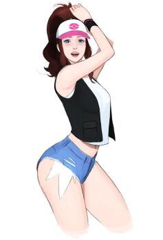  1girl absurdres arched_back arms_up baseball_cap black_vest blue_eyes blush brown_hair commentary cowboy_shot cutoffs denim denim_shorts english_commentary exposed_pocket facing_viewer from_side hat high_ponytail highres hilda_(pokemon) kurebitz narrow_waist nintendo open_clothes open_mouth open_vest pink_lips poke_ball_print pokemon pokemon_bw ponytail realistic shirt shorts sleeveless sleeveless_shirt standing teeth upper_teeth_only vest white_shirt wristband 