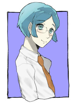  1boy blue_eyes blue_hair border brown_necktie closed_mouth collared_shirt commentary_request cropped_torso danganronpa_(series) danganronpa_v3:_killing_harmony genderswap genderswap_(ftm) glasses happy light_blush long_sleeves looking_at_viewer male_focus necktie nostrils outside_border pointy_nose purple_background round_eyewear shirogane_tsumugi shirt short_hair smile solo tappo_(gemori) white_border white_shirt 