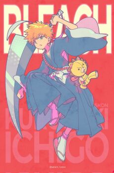  2boys arm_behind_head bleach copyright_name floating full_body hashtag-only_commentary highres holding holding_sword holding_weapon japanese_clothes kon_(bleach) kurosaki_ichigo male_focus multiple_boys orange_eyes orange_hair red_background sanam_1piece sandals shihakusho shikai short_hair socks stuffed_animal stuffed_lion stuffed_toy sword tabi weapon white_socks wide_sleeves zangetsu_(shikai) zanpakutou 