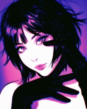  1girl bare_shoulders black_gloves black_hair closed_mouth gloves hand_on_own_face highres ilya_kuvshinov lips looking_at_viewer makeup original purple_eyes short_hair solo upper_body 