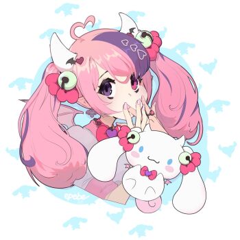  1girl bat_hair_ornament cinnamoroll commentary covering_own_mouth demon_girl demon_horns demon_wings dress earrings english_commentary epebe fuwa_fuwa_cinnamoroll hair_ornament heart heart_hair_ornament heterochromia highres horns ironmouse ironmouse_(15th_costume) jewelry looking_at_viewer multicolored_hair pink_hair purple_eyes purple_streaks red_eyes sanrio solo streaked_hair twintails virtual_youtuber vshojo white_dress wings 