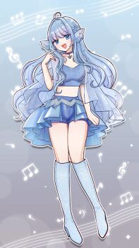  1girl ahoge alpha_betta_(vtuber) bass_clef beamed_eighth_notes blue_background blue_boots blue_choker blue_eyes blue_hair blue_nails blue_shawl blue_shorts blue_skirt boots braid breasts choker cleavage commentary crescent_ornament crop_top eighth_note english_commentary fins full_body gradient_background grey_background hakamii head_fins highres knee_boots long_hair midriff musical_note musical_note_background musical_staff nail_polish open_mouth overskirt quarter_note second-party_source see-through_clothes shawl shorts sidelocks skirt treble_clef v-dere very_long_hair virtual_youtuber 