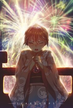  1girl absurdres artist_name backlighting black_sash blush brown_hair closed_eyes commentary_request confession film_grain fireworks floral_print floral_print_kimono hands_up highres japanese_clothes kimono long_sleeves night obi open_mouth original own_hands_together pink_kimono print_kimono sash short_hair solo standing teardrops_(user_vgvd7733) teeth wide_sleeves 