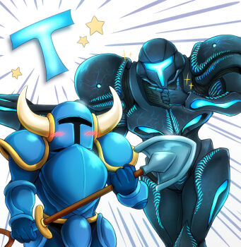  1boy arm_cannon armor assault_visor black_armor blue_armor blue_visor blush commentary_request dark_samus emphasis_lines fake_horns full_armor helmet holding holding_shovel horned_helmet horns metroid nintendo power_armor shovel shovel_knight shovel_knight_(character) sparkle star_(symbol) super_smash_bros. wakaba_(wata_ridley) weapon 