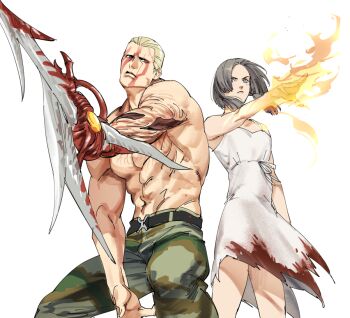  1boy 1girl abs biceps blade_arm blonde_hair blood blood_on_clothes brown_hair camouflage commentary dress green_pants jack_krauser manuela_hidalgo muscular muscular_male navel pants pectorals resident_evil resident_evil:_the_darkside_chronicles resident_evil_4 tatsumi_(psmhbpiuczn) topless_male white_dress 