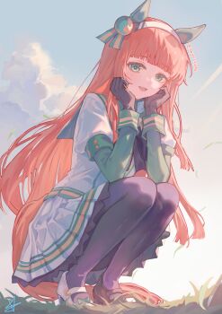  1girl absurdres animal_ears asymmetrical_footwear black_gloves black_pantyhose blunt_bangs blush bow cloud commentary_request ear_covers gloves green_eyes green_sleeves hairband hands_on_own_cheeks hands_on_own_face highres hime_cut horse_ears horse_girl horse_tail long_hair long_sleeves looking_at_viewer mismatched_footwear open_mouth orange_hair orange_tail outdoors pantyhose pleated_skirt shirt silence_suzuka_(innocent_silence)_(umamusume) silence_suzuka_(umamusume) skirt sky smile solo squatting synzmayu tail umamusume white_hairband white_shirt white_skirt 