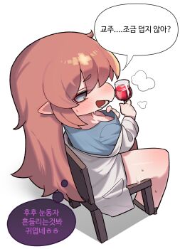 1girl adjusting_shirt alcohol blue_eyes blue_shirt blush breasts brown_hair chair chibi chibi_only cleavage coat commentary_request cup curryman_(curryman06) drinking_glass drunk ear_blush elena_(trickcal) elf full_body highres korean_commentary lab_coat long_hair long_sleeves looking_at_viewer looking_back off_shoulder open_mouth pointy_ears shirt sitting smile solo sweat trickcal white_background white_coat wine wine_glass 