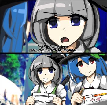 2girls black_hairband black_hat blue_eyes blue_hair bow closed_mouth collar collared_shirt commentary english_commentary english_text green_bow green_vest grey_hair hair_between_eyes hairband hat hinanawi_tenshi holding holding_paper holding_pencil kaliningradg konpaku_youmu long_hair medium_hair multiple_girls open_mouth paper pencil red_eyes shade shirt short_sleeves smile the_lord_of_the_rings tolkien's_legendarium touhou vest white_collar 