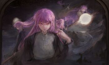  1girl absurdres black_robe blunt_bangs closed_eyes commentary_request dress eynv fern_(sousou_no_frieren) floating_hair galaxy highres midair multiple_views night open_clothes open_mouth open_robe purple_eyes purple_hair robe sousou_no_frieren star_(sky) white_dress 