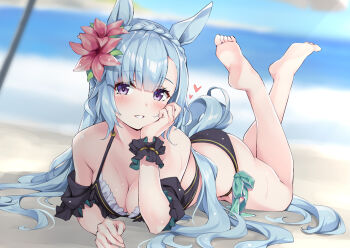  1girl animal_ears aqua_hair barefoot beach bikini black_bikini blurry blurry_background blush braid breasts cleavage commentary_request crossed_ankles crown_braid day feet feet_up flower full_body grin hair_flower hair_ornament horizon horse_ears horse_girl horse_tail long_hair looking_at_viewer lying medium_breasts mejiro_ardan_(umamusume) moeki_yuuta ocean on_stomach outdoors purple_eyes red_flower smile soles solo swimsuit tail the_pose toes umamusume very_long_hair wrist_cuffs 