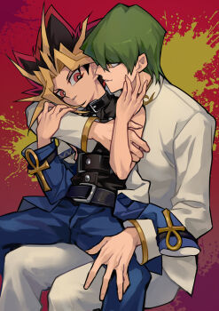  2boys absurdres ankh arm_around_shoulder arms_up belt belt_buckle black_belt black_hair black_shirt blonde_hair blue_jacket blue_pants buckle chinese_commentary closed_mouth commentary_request gold_trim green_hair hand_on_another's_thigh highres jacket kaiba_seto long_sleeves looking_to_the_side male_focus multicolored_hair multiple_belts multiple_boys pants parted_lips red_eyes saka_nagiya shirt short_hair sideways_glance sitting sitting_on_lap sitting_on_person sleeveless sleeveless_shirt smile two-sided_fabric two-sided_jacket two-tone_hair white_jacket white_pants yami_yugi yaoi yellow_eyes yu-gi-oh! yu-gi-oh!_duel_monsters 