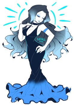  1girl 2018 \||/ armpits artist_name artist_self-insert bare_arms bare_shoulders black_choker black_dress black_hair blue_dress blue_eyeshadow blue_lips blue_nails breasts chinese_commentary choker cleavage closed_eyes collarbone commentary_request dress earrings evening_gown eyeshadow forehead frilled_dress frills full_body gradient_hair hand_on_own_hip hand_on_own_shoulder hand_up heki_(miss60250) hoop_earrings impossible_clothes impossible_dress jewelry long_dress long_hair makeup medium_breasts mermaid_dress multicolored_hair nail_polish narrow_waist original parted_lips simple_background sleeveless sleeveless_dress solo standing turning_head two-tone_dress two-tone_hair u_u v-neck very_long_hair wavy_hair white_background 