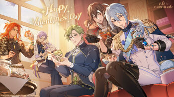  5boys ahoge aiguillette arm_cutout arm_support asymmetrical_clothes bandaid bandaid_on_finger bandaid_on_hand belt bent_over between_legs bikini black_belt black_boots black_gloves black_robe black_shirt blue_capelet blue_collar blue_eyes blue_gem blue_hair blue_pants blue_sash blue_shirt blush bodysuit boots bracelet braid brown_eyes brown_hair button_eyes buttons capelet character_doll cheek_squash closed_mouth clothes_pin clothing_cutout cloud collar copyright_logo copyright_name covered_abs covered_pectorals cropped_jacket cross curtained_hair dante_(nu_carnival) day doll double-parted_bangs earrings edmond_(nu_carnival) eiden_(nu_carnival) epaulettes furrowed_brow gem glint gloves gold_earrings gold_necklace gold_trim green_eyes green_gem green_hair hair_between_eyes hair_over_shoulder half_gloves half_updo happy_valentine heterochromia high_collar highres hip_vent holding holding_clothes_pin holding_scissors indoors infinity_alpha_studio jacket jar jewelry knee_up knees_together_feet_apart kuya_(nu_carnival) logo long_hair long_sleeves looking_at_doll low_ponytail lower_teeth_only male_focus mouth_hold multiple_boys navel necklace nu_carnival official_art olivine_(nu_carnival) one_eye_closed open_mouth orange_eyes orange_gloves orange_hair pants parted_bangs pectorals pincushion pom_pom_(clothes) ponytail puffy_long_sleeves puffy_sleeves purple_hair raised_inner_eyebrows red_gem robe sash scissors sewing shirt short_hair shoulder_cutout side_braid sitting skeleton_print smile sparkle standing sweatdrop swimsuit table teeth thigh_boots three-quarter_sleeves two-tone_robe v-shaped_eyebrows valentine white_bodysuit white_jacket white_pants white_robe window yakumo_(nu_carnival) yellow_eyes 