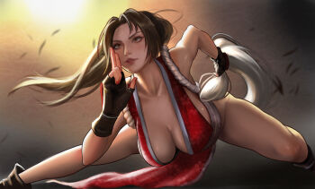  1girl breasts brown_hair cleavage fatal_fury female_focus fingerless_gloves gloves kuji-in large_breasts long_hair ninja parted_lips pelvic_curtain ponytail shiranui_mai solo 