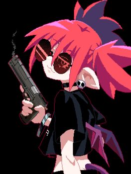  1girl 4rdilla :3 absurdres black_background black_choker black_shirt bracelet choker crop_top demon_tail demon_wings disgaea dithering earrings etna_(disgaea) gun handgun hashtag-only_commentary highres holding holding_gun holding_weapon jewelry jitome mini_wings outline pixel_art pointy_ears purple_wings red_hair red_outline round_eyewear shirt simple_background skull_earrings smoke smoking_barrel solo sunglasses tail twintails weapon wings 