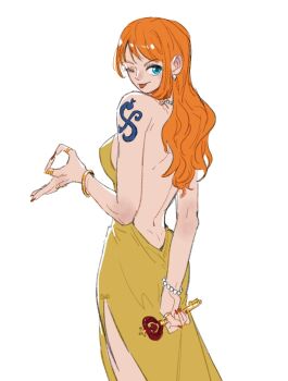  1girl ;p alternate_costume arm_behind_back back backless_dress backless_outfit bangle bare_back bare_shoulders bead_bracelet beads blue_eyes bracelet breasts commentary dress earrings feet_out_of_frame from_behind gold_ring highres holding jewelry long_hair looking_at_viewer looking_back mcbuckwheat medium_breasts money_gesture multiple_rings nami_(one_piece) one_eye_closed one_piece orange_hair orange_nails pearl_earrings ring shoulder_tattoo solo tattoo tongue tongue_out untranslatable_commentary wavy_hair white_background yellow_dress 