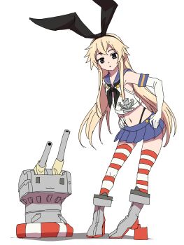  1girl anchor_hair_ornament baasaku_(balasaku24) black_hairband black_neckerchief black_panties blonde_hair blue_sailor_collar blue_skirt commentary crop_top elbow_gloves full_body gloves grey_eyes hair_ornament hairband highleg highleg_panties highres kantai_collection leaning_forward long_hair looking_at_viewer microskirt miniskirt neckerchief panties pleated_skirt rensouhou-chan sailor_collar shimakaze_(kancolle) shirt simple_background skirt sleeveless sleeveless_shirt striped_clothes striped_thighhighs thighhighs underwear white_background white_gloves 