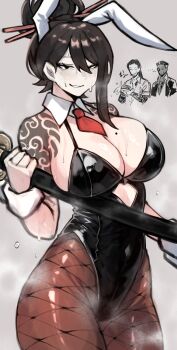  1girl 2boys absurdres animal_ears blush breasts detached_collar fishnet_pantyhose fishnets gin_(project_moon) groin hair_bun hair_ornament hair_stick highleg highleg_leotard highres hip_focus holding holding_sword holding_weapon leotard library_of_ruina looking_at_viewer mole mole_on_breast multiple_boys necktie pantyhose playboy_bunny project_moon rabbit_ears sayo_(project_moon) shigezie shoulder_tattoo smile sweat sword tattoo weapon yang_(project_moon)  rating:Questionable score:18 user:danbooru