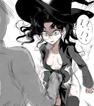  1girl 1other ? ?? amon_(lord_of_the_mysteries) beating black_cloak black_hair black_thighhighs breasts chinese_commentary cloak commentary_request genderswap genderswap_(mtf) grey_eyes hat highres kikinotamai long_hair lord_of_the_mysteries monocle open_mouth parted_bangs partially_shaded_face punching ryona simple_background small_breasts smile speech_bubble stomach_punch sweat thighhighs tongue twintails white_background witch_hat  rating:Questionable score:20 user:danbooru