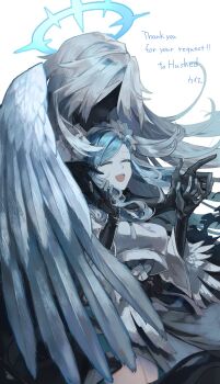  2girls :d ^_^ angel angel_wings aqua_hair black_gloves black_skin blue_hair blue_halo blue_theme breasts closed_eyes colored_skin commentary commission commissioner_name covering_another cowboy_shot dizzy_(guilty_gear) elbow_gloves english_commentary english_text feathered_wings gloves guilty_gear halo highres medium_breasts mixed-language_commentary multiple_girls no_eyes oeillet_vie open_mouth queen_dizzy simple_background smile thank_you thighs undine_(guilty_gear) white_background white_hair white_wings wings 