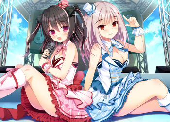  2girls :d adachi_chii back-to-back back_bow bare_arms black_bow black_hair blue_bow blue_bowtie blue_skirt blush boots bow bowtie breasts cleavage cleavage_cutout closed_mouth clothing_cutout collared_shirt cross_hair_ornament day eyes_visible_through_hair feet_out_of_frame frilled_skirt frilled_wrist_cuffs frills fuyuichi_monme hair_between_eyes hair_bow hair_ornament hairclip hands_up happy hat hat_bow hat_ribbon holding holding_microphone idol idol_clothes index_finger_raised knees_up koibana_ren&#039;ai large_breasts long_hair looking_at_viewer medium_breasts microphone mini_hat multicolored_hair multiple_girls official_art open_mouth otome_kokoro outdoors pink_bow pink_bowtie pink_hair pink_shirt pink_skirt plaid_clothes plaid_skirt red_bow red_eyes red_ribbon ribbon shirt sitting skirt sleeveless sleeveless_shirt smile stage straight_hair streaked_hair thighs top_hat two-tone_hair two_side_up white_boots white_shirt wrist_cuffs yuuki_rika 