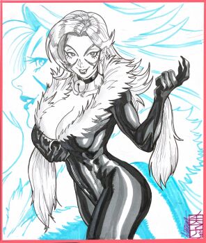  1girl acecore2k beckoning bell black_cat_(marvel) bodysuit breasts commentary cowboy_shot domino_mask earrings english_commentary eye_mask felicia_hardy fur-trimmed_bodysuit greyscale grin highres jewelry large_breasts long_hair looking_to_the_side marker_(medium) marvel mask monochrome neck_bell o-ring pen_(medium) profile smile solo spider-man_(series) superhero_costume traditional_media 