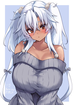  1girl bare_shoulders blue_background blush breasts brown_eyes commentary_request dark-skinned_female dark_skin dated dress gradient_nails grey-framed_eyewear grey_shirt hair_between_eyes hair_ornament highres kantai_collection large_breasts long_hair long_sleeves looking_at_viewer mashiro_yukiya rectangular_eyewear ribbed_dress shirt smile solo twintails upper_body white_background 