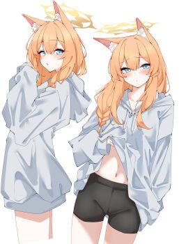  1girl absurdres alternate_costume animal_ears arm_behind_back bike_shorts black_shorts blue_archive blue_eyes blush casual clothes_lift commentary_request expressionless from_side grey_hoodie hair_between_eyes halo hands_up highres hood hoodie hoodie_lift kabocya_na lifting_own_clothes long_hair mari_(blue_archive) multiple_views navel no_pants one_ear_down open_mouth orange_hair shorts simple_background sleeves_past_fingers sleeves_past_wrists solo standing stomach thighs white_background yellow_halo 